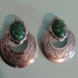 Vintage Silver and Green Earrings with Intricate Design